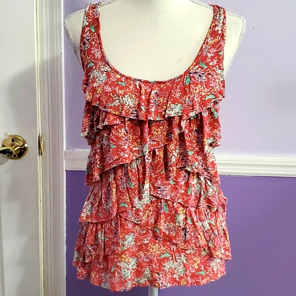 Lauren Conrad Boho Fairy Rose Floral Ruffly Soft Knit Comfy Sleeveless Top XS